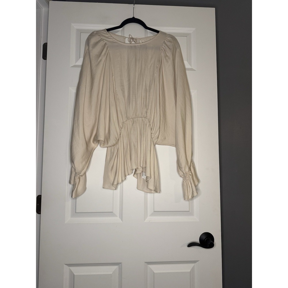 Anthropologie Mustard Seed Long Sleeve Satin Smocked Top Large Beige Nwt